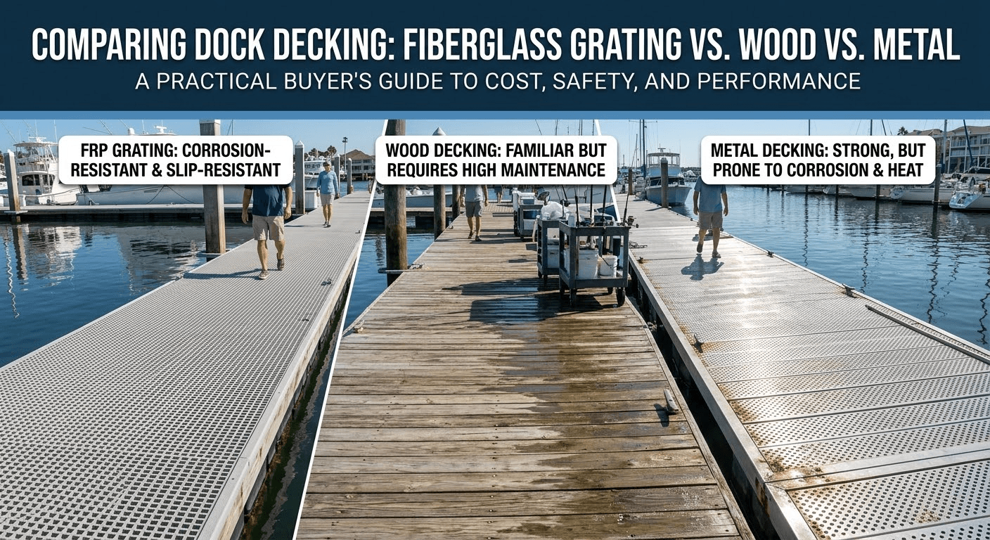 fiberglass dock grating vs wood and metal decking