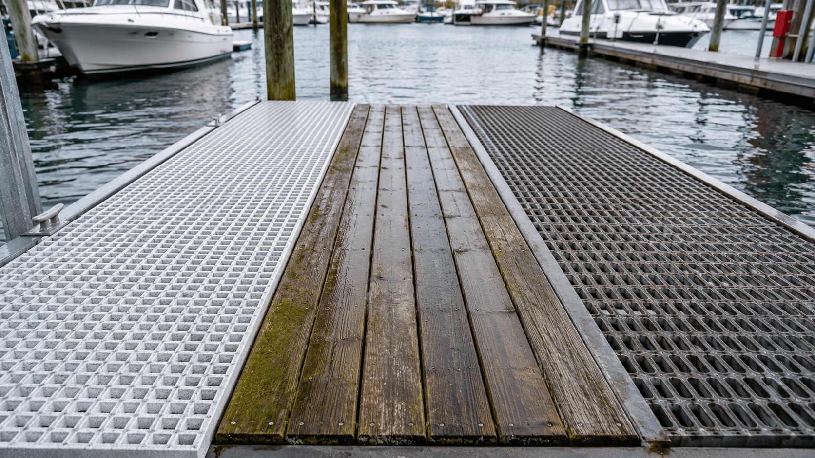 fiberglass dock grating vs wood and metal decking